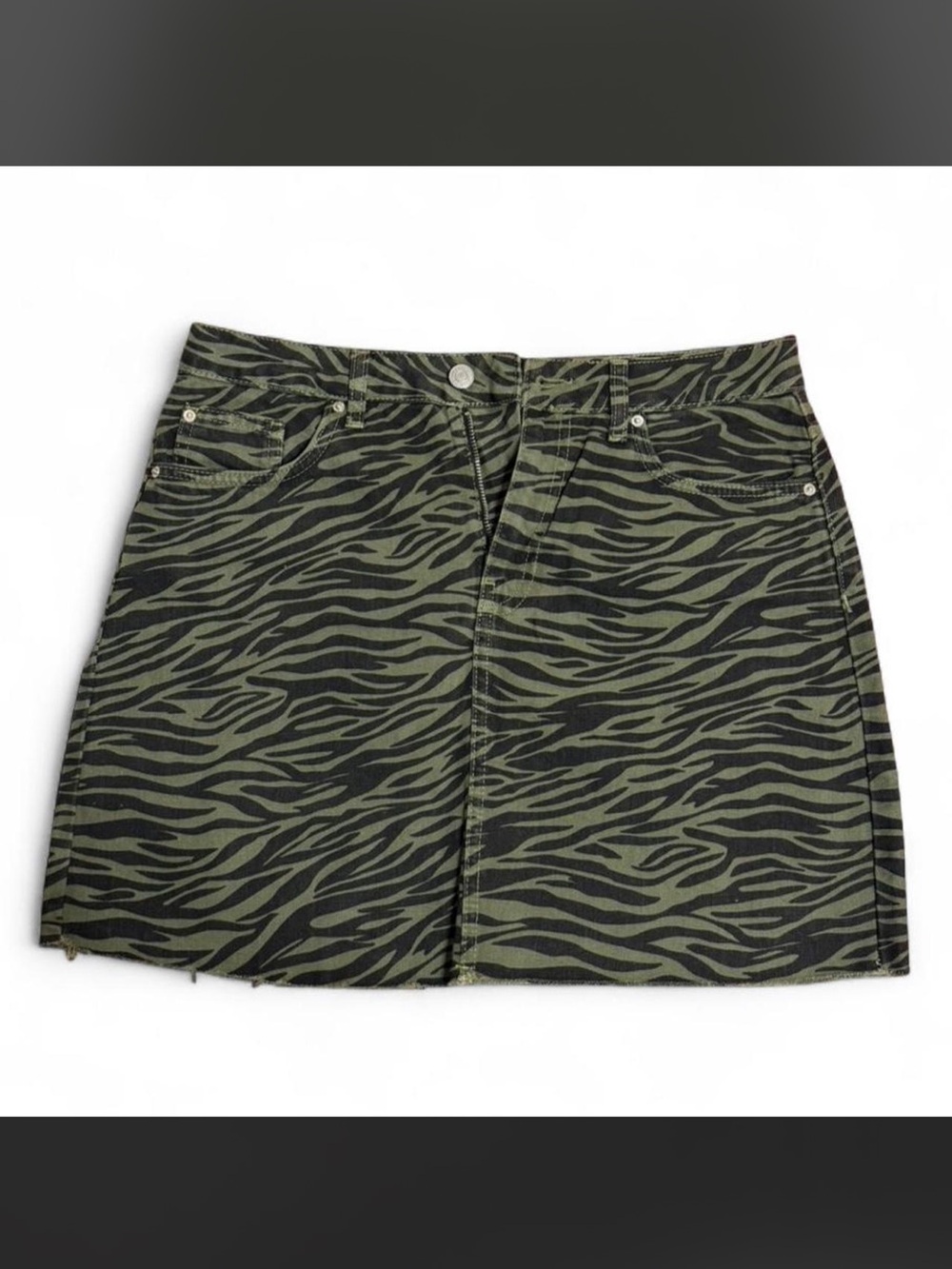 Denim Co. Zebra Print Olive Green Denim Mini Skirt